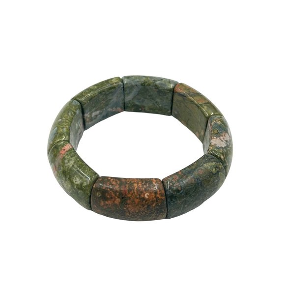 Vintage Green Semiprecious Stone Bracelet Elastic Stretch One Size Chunky Bangle - Picture 1 of 8